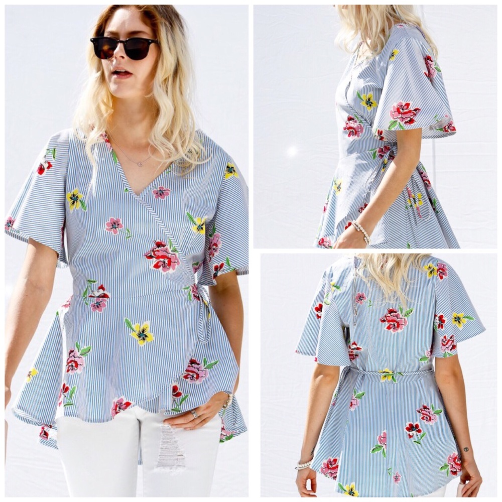 My Story Pinstripe Floral Wrap Top NWT